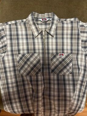 Ben Davis Plaid Zip-Front Work Shirt in Gray and White